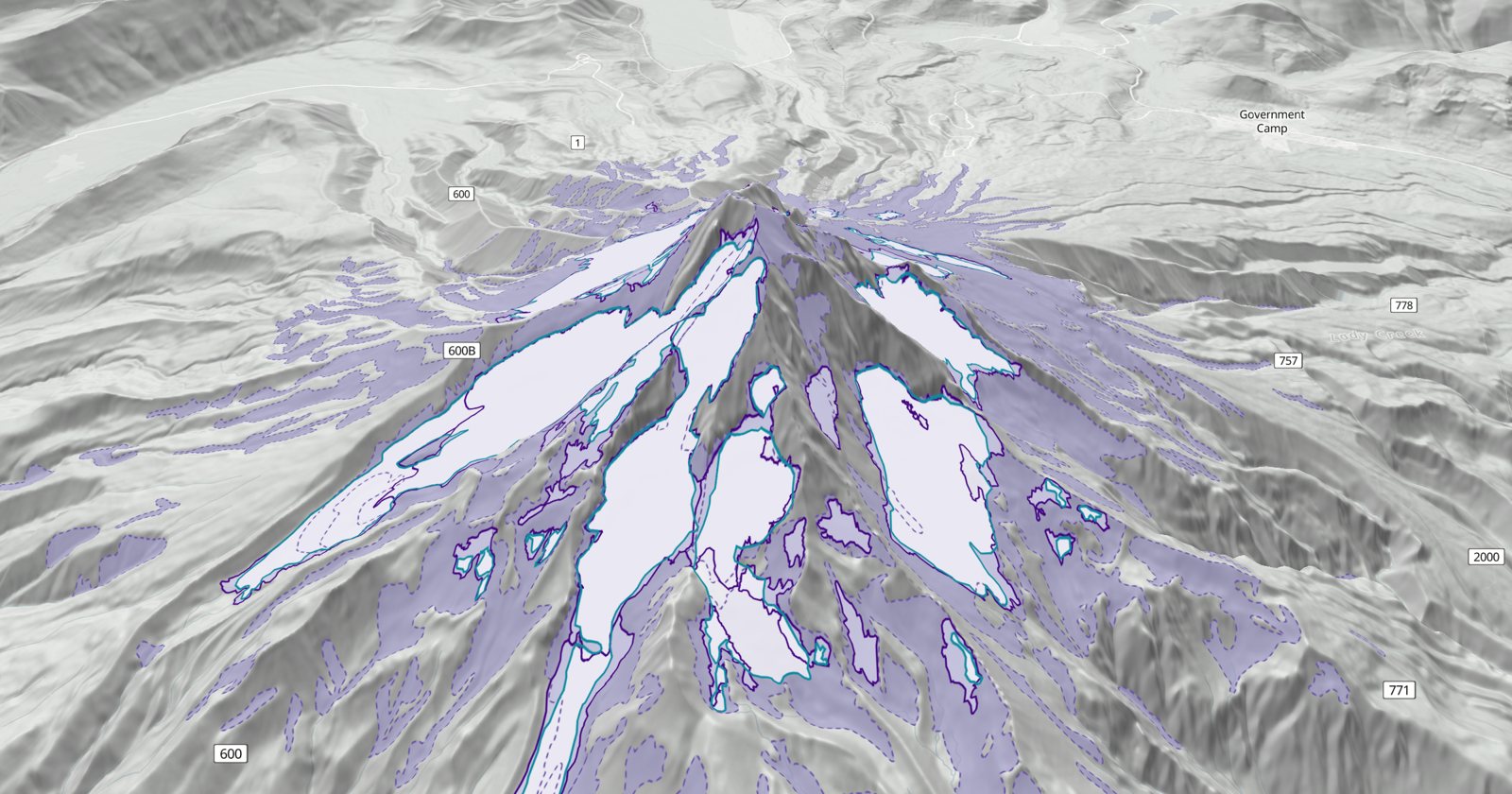 Mount Hood in 3D from the north. Glaciers on the 1956 map in purple, 2015–16 in pale purple, and 2023 in white with a teal edge.